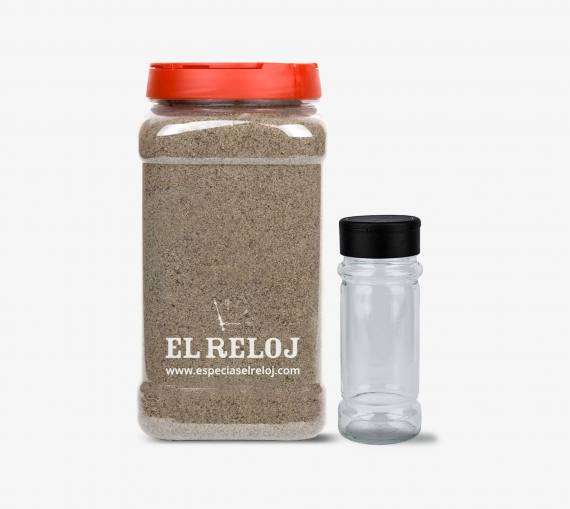 Comprar Pimienta negra molida. Bote Hostelería. Imagen Comparativa con tarro pequeño