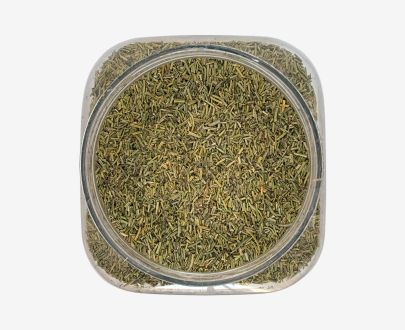 Vista superior de un bote formato hostelería HoReCa de romero triturado que muestra el producto en su interior, conservando su aroma y calidad.