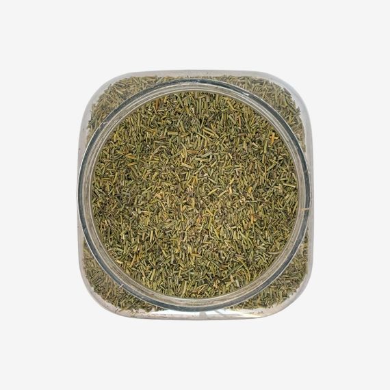 Vista superior de un bote formato hostelería HoReCa de romero triturado que muestra el producto en su interior, conservando su aroma y calidad.