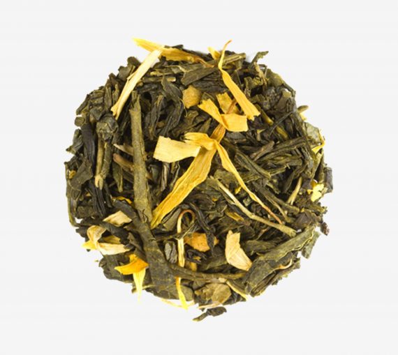 Té verde japonés de hoja larga con flores y aroma de melocotón