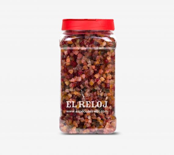 Venta online de Frutas confitadas en dados en formato bote hostelería 1 Kg. (peso bruto)